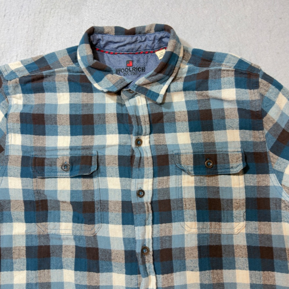 Woolrich Plaid Button Down Mens Large Blue Brown Cotton Excellent Flannel Style